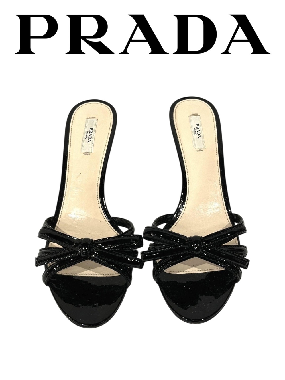 Prada Black Patent Leather Bow Kitten Heel Mules Sandals Size 40